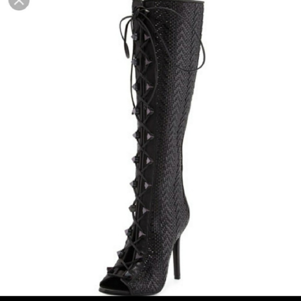 😍woven leather lace up heeled boots